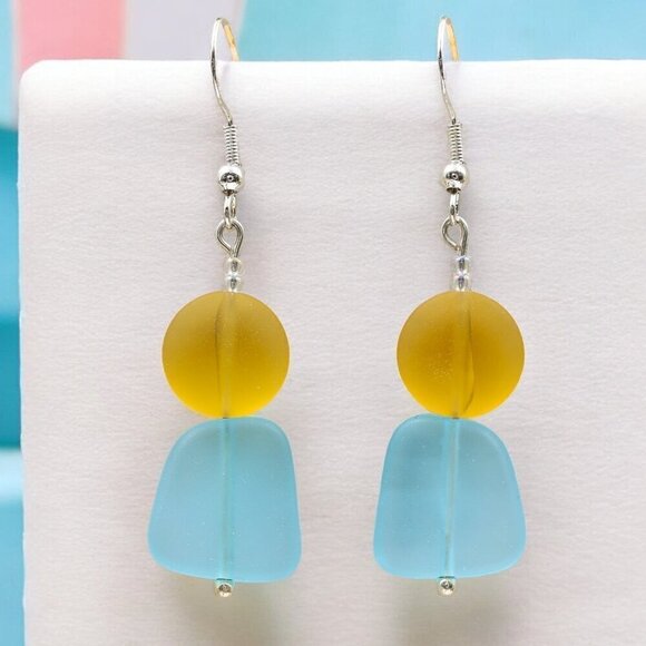 Artisan Jewelry - Sea Glass Earrings Yellow and Blue Handmade